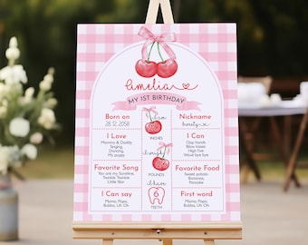 Cherry Birthday Milestone Sign Cherry on Top Poster Coquette Girl 1st Birthday Party Decor Red Pink Bow Cherries Gingham EDITABLE AT34P