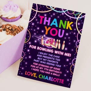 Cartão de agradecimento de boliche para festa de aniversário, arco-íris neon, fliperama, esportes, tema laser, diversão, menina, decoração rolando, editável, BT25P