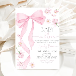 Baby in Bloom Baby Shower Invitation Coquette Pink Bow Baby Shower Invite Spring Flowers Blush Floral Watercolor Pink Ribbon EDITABLE AS28P