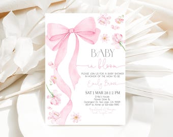 Invito per baby shower "Baby in Bloom" con fiocco rosa, fiori primaverili, acquerello floreale rosa, nastro rosa, modificabile AS28P