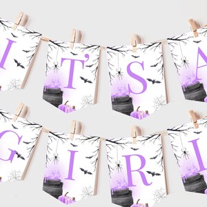 A Baby is Brewing Halloween Baby Shower Banner Witch Gender Neutral Party Decor Girl Purple Fall Autumn Garland EDITABLE Photo Prop BS66V