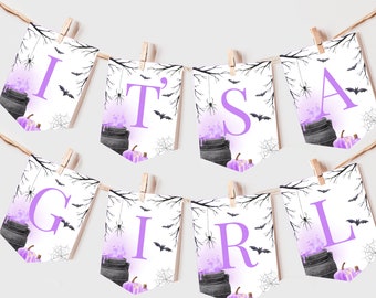 A Baby is Brewing Halloween Baby Shower Banner Witch Gender Neutral Party Decor Girl Purple Fall Autumn Garland EDITABLE Photo Prop BS66V