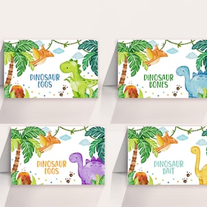 Tiendas de comida para baby shower de dinosaurios, decoración para fiesta de cumpleaños de niño, etiquetas de comida de dinosaurios, tarjetas de lugar de animales de la selva, imprimibles para buffet BS38B BT16B