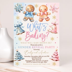 Pode incluir: Um convite para uma festa de revela&ccedil;&atilde;o de g&ecirc;nero com um casal de p&atilde;o de gengibre, flocos de neve e uma &aacute;rvore de Natal azul e rosa. O texto diz "What's Baking?" e "Gender Reveal Party".