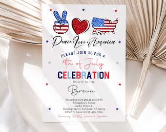 Convite para o 4 de Julho: Paz, Amor, Patriótico, Festa do 4 de Julho, Dia da Independência, Vibrações Americanas, Vermelho, Branco e Azul. EDITÁVEL HL29