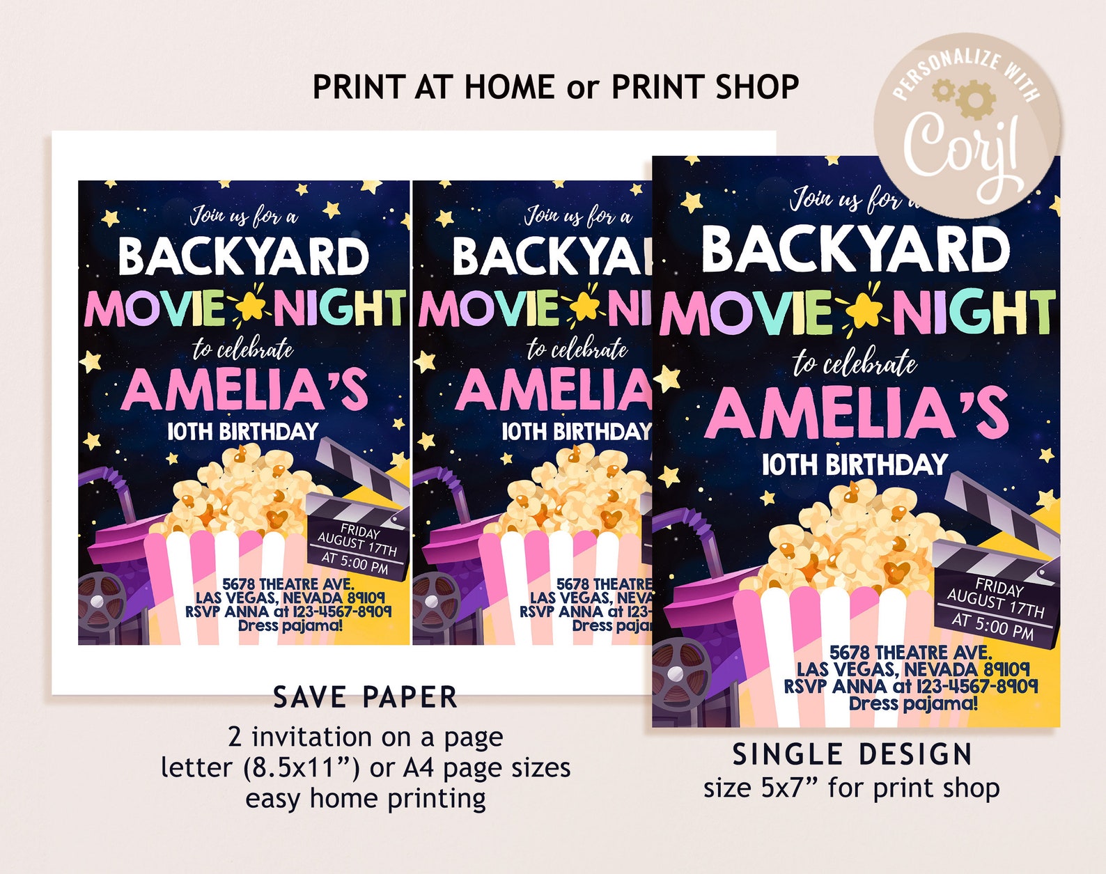 Backyard Movie Night Birthday Invitation Under the Stars Invite Girls ...