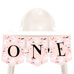 Banner de silla alta de Halloween, decoración de cumpleaños de una niña espeluznante, guirnalda de fiesta espeluznante, fantasma rosa, lindo banderín de "Hey Boo", banderines imprimibles AT08P