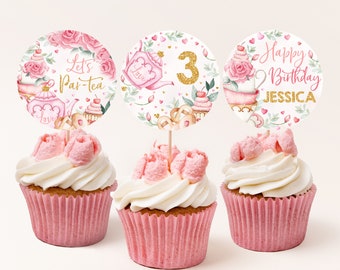 Tea Party Birthday Cupcake Topper Girl 1st First Birthday Decor Gold Blush Pink Floral High Tea Whimsical Garden Par-Tea Printable BT10P