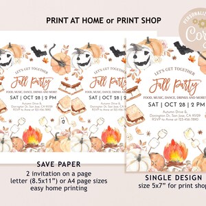 May include: Printable fall party invitation with a watercolor design featuring pumpkins, bats, and a campfire with s'mores. The text reads "Let's Get Together Fall Party" and includes the date and time of the party. The invitation is available in two sizes: 8.5x11 inches for home printing and 5x7 inches for print shops.