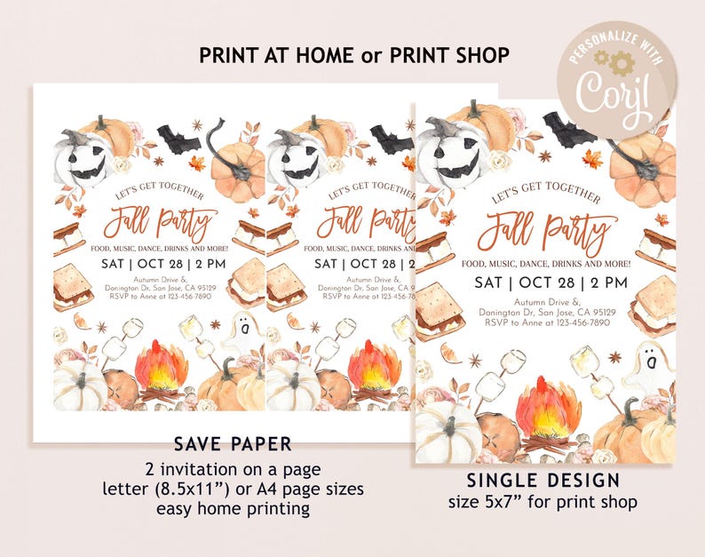 May include: Printable fall party invitation with a watercolor design featuring pumpkins, bats, and a campfire with s'mores. The text reads "Let's Get Together Fall Party" and includes the date and time of the party. The invitation is available in two sizes: 8.5x11 inches for home printing and 5x7 inches for print shops.
