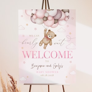 Letrero de bienvenida para baby shower con osito de peluche, póster de oso marrón tostado, "Podemos esperar", lindos globos rosados, letrero para fiesta en el patio, plantilla EDITABLE BS21P