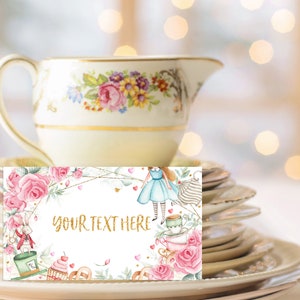 Tiendas de comida de Alicia en el país de las maravillas Decoración para el primer cumpleaños de la niña de Onederland Fiesta del té del Sombrerero Loco Tarjeta de lugar para baby shower Etiquetas imprimibles BS11P BT11P