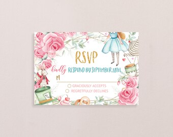 May include: RSVP card with a whimsical Alice in Wonderland theme. The card features a watercolor illustration of Alice, the Mad Hatter, and the White Rabbit. The text reads "RSVP kindly respond by September 28th".