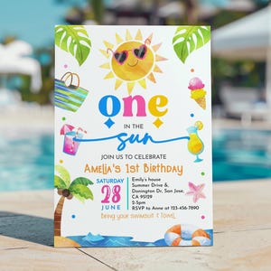 One in the Sun Birthday Invitation Pool Party 1st Birthday Invite Tropical Summer Swim Splish Splash Water Beach Ice Cream EDITABLE AT82P