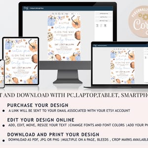 Puede incluir: Dise&ntilde;o digital de invitaci&oacute;n para baby shower que se muestra en varios dispositivos, incluyendo un tel&eacute;fono, una tableta, un port&aacute;til y un ordenador de sobremesa. La invitaci&oacute;n presenta calabazas de acuarela y el texto "A Little Cutie Pie Is On The Way".
