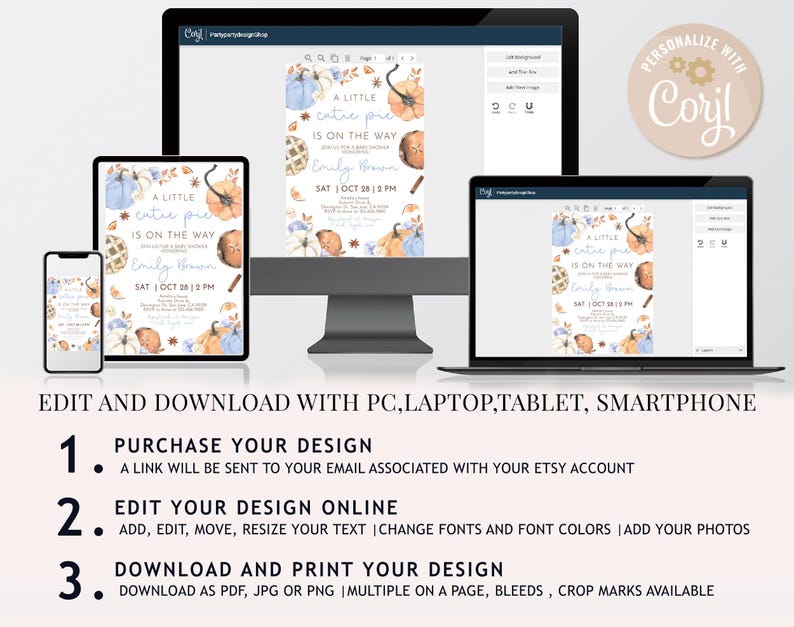 Puede incluir: Dise&ntilde;o digital de invitaci&oacute;n para baby shower que se muestra en varios dispositivos, incluyendo un tel&eacute;fono, una tableta, un port&aacute;til y un ordenador de sobremesa. La invitaci&oacute;n presenta calabazas de acuarela y el texto "A Little Cutie Pie Is On The Way".