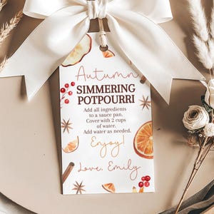 May include: A gift tag with a white bow features the text "Autumn Simmering Potpourri." The tag includes watercolor illustrations of fruit, berries, and spices. Instructions are printed below the title, with the signature "Love, Emily."