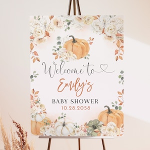 Könnte beinhalten: Willkommen zur Babyparty von Emily Schild mit Aquarelldesign mit Kürbissen, Blumen und Blättern. Das Datum der Party ist der 10.28.2058.
