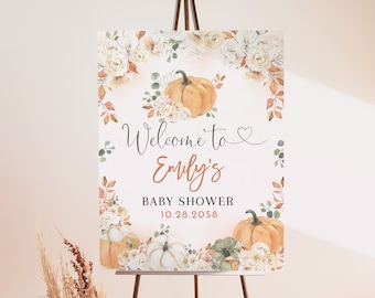 May include: Welcome to Emily's Baby Shower sign with a watercolor design featuring pumpkins, flowers, and leaves. The date of the shower is 10.28.2058.