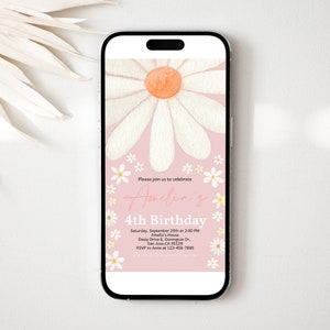 Daisy Birthday Evite Wild One Digital Invitation Boho Floral Daisies Pink Purple Flower Mobile Phone Electronic Text Invite EDITABLE BT84P