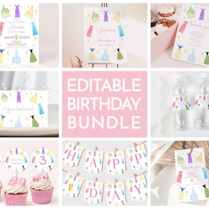 May include: Printable set of editable birthday party decorations featuring a princess theme. The set includes invitations, thank you cards, cupcake toppers, water bottle labels, and a banner. The decorations are decorated with watercolor illustrations of princesses in colorful dresses.