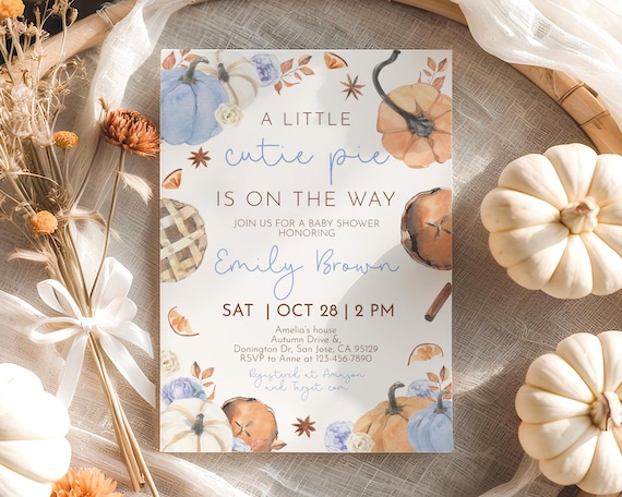 Cutie Pie Baby Shower Invitation Fall Baby Shower Invite Boy Blue Pumpkin A Little Cutie Pie Thanksgiving Autumn EDITABLE Template AS05B