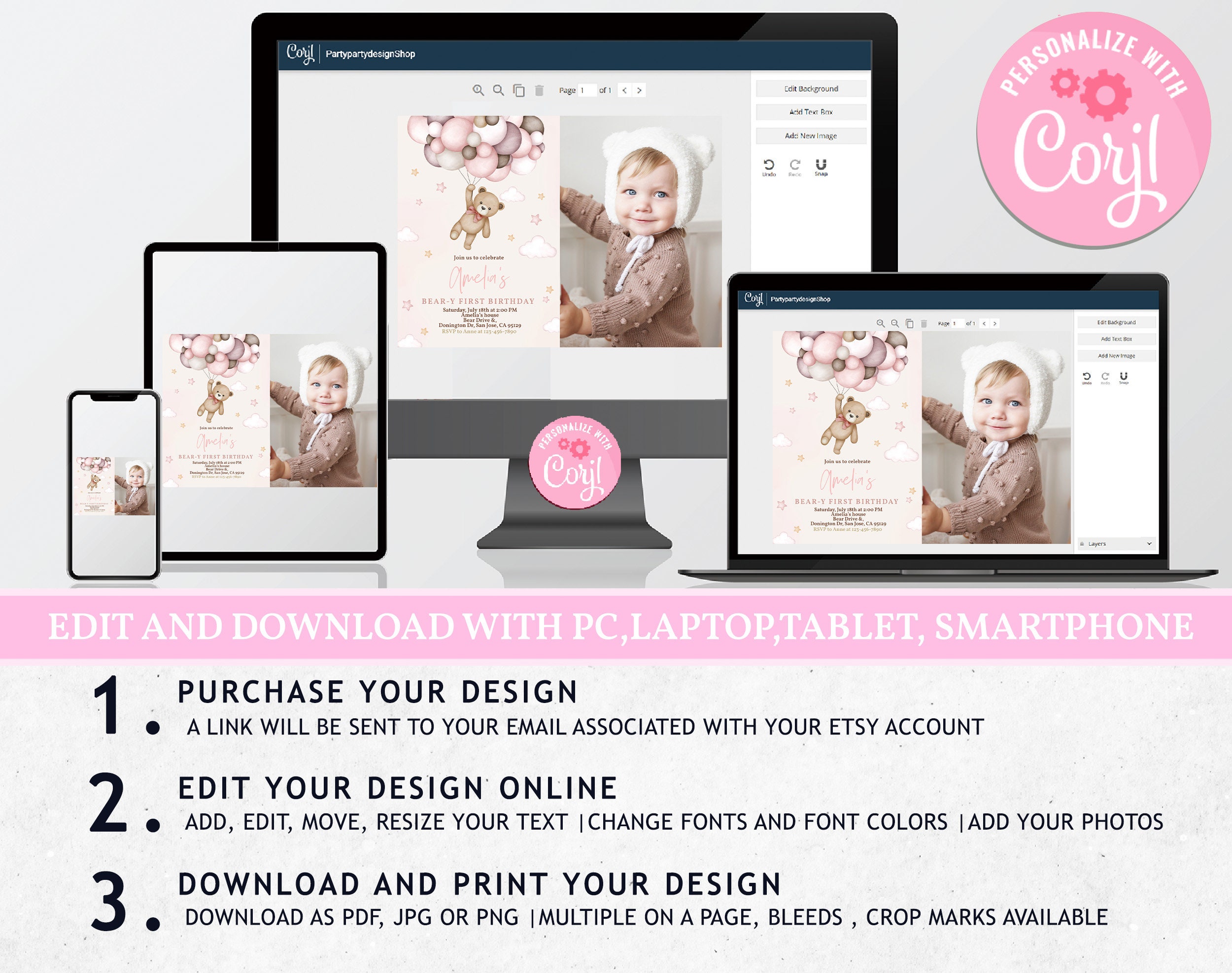 Pink Teddy Bear Birthday Photo Invitation Beary 1st First Birthday ...