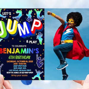 Jump Birthday Photo Invitation Trampoline Park Birthday Invite Kids Let&#39;s Jump Party Bounce House Neon Glow Jumping EDITABLE Template BTD034