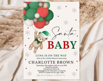 May include: A Christmas-themed baby shower invitation with a teddy bear holding onto red, green, and white balloons. The text reads "Santa. Baby Luna is on the way. Join us for a Baby Shower honoring Charlotte Brown. Saturday, December 19th at 2:00 PM Amelia's house Christmas Drive & Donington Dr, San Jose, CA 95129 RSVP to Anne at 123-456-7890 Registration at Amazon and Target.com"