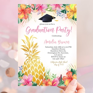 Tropical Graduation Party Invitation Pineapple High School Graduate Invite Aloha Luau Gold Summer Grad College Class EDITABLE Template HL42