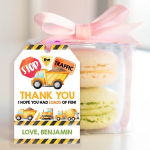 Bouw gunst Tags verjaardagsfeestje decor jongen cadeau bedankkaart gele dumper sticker afdrukbare Instant Download sjabloon BT35