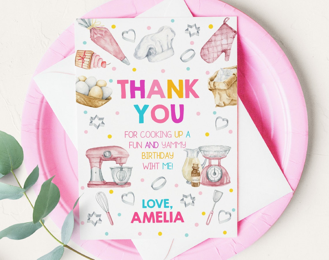 Baking Birthday Thank You Card Girl Chef Pink Cooking Party Thank You ...