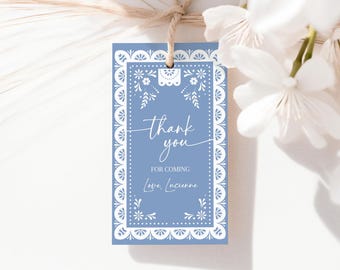 Cielito Lindo Favor Tag Mexican Folk Baby Shower Gift Tags Talavera Baptism Party Blue Papel Picado Barro Thank You Printable AS42B BP01B