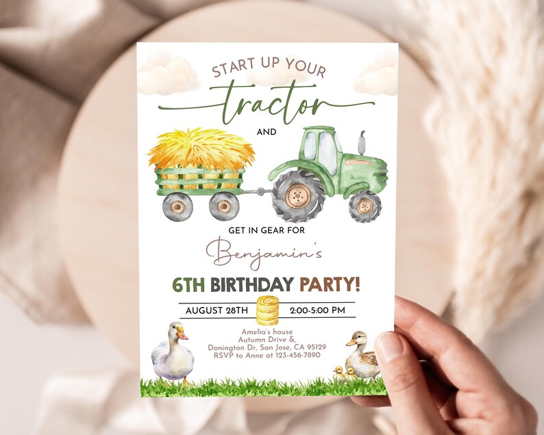 Tractor Birthday Invitation Boy Farm Birthday Invite Barnyard Vehicles ...