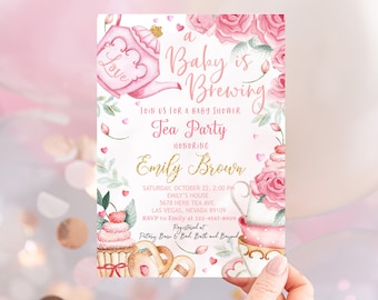 Invitación para baby shower con té, invitación para un bebé en ciernes, té del Sombrerero Loco, tetera floral rosa para una fiesta caprichosa en el jardín, editable BS18P