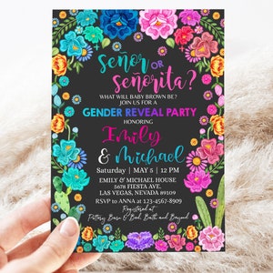 Invitación para revelar el género de la fiesta. Invitación para él o ella. Fiesta para señor o señorita. Flores mexicanas coloridas. Cactus florales del desierto. EDITABLE BS15MK