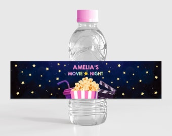 Movie Night Water Bottle Labels Movie Party Drink Label Backyard Sleepover Birthday Party Cinema Waterproof Sticker EDITABLE Template BT05P