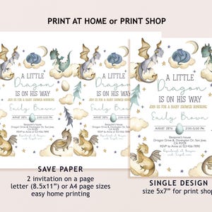 May include: Two printable baby shower invitations featuring a watercolor illustration of a blue and brown dragon on a cloud with stars and a crescent moon. The text reads "A Little Dragon Is On His Way" and includes the name "Emily Brown" and the date and time of the event. The invitations are available in two sizes: 8.5x11 inches for home printing and 5x7 inches for print shops.