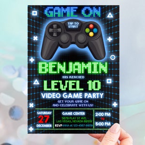 Video Game Invitation Birthday Party Invites Arcade Gaming Boys Gamer Laser Grid Pixel Kids Level Up Template Digital EDITABLE BT71