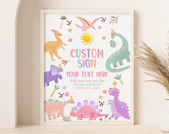 Pastel dinosaurio bebé ducha mesa signo niña 1er cumpleaños fiesta decoración lindo dinosaurio rosa púrpura signo personalizado animales de la selva EDITABLE BS53 BT98