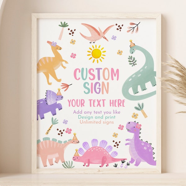 Pastel Dinosaur Baby Shower Table Sign Girl 1st Birthday Party Decor Cute Purple Pink Dinosaur Custom Sign Jungle Animals EDITABLE BS53 BT98