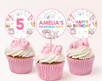 Baking Birthday Cupcake Toppers Girl Chef Pink Cooking Party Decor Cake Decorating Bakery Sweet Cookie Bake Dessert Labels Printable BT55P