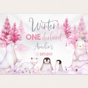 Winter Onederland Backdrop Banner Wonderland Girl 1st Birthday Party Decor Pink Polar Bear Arctic Animals Woodland Photobooth EDITABLE BT46P