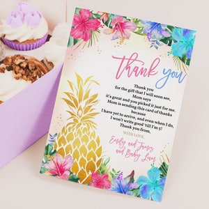 Tarjeta de agradecimiento para revelar el género de Aloha, fiesta hawaiana tropical, baby shower, nota de agradecimiento, fiesta de verano, piña dorada, flores rosas, imprimible BS19M