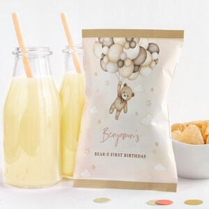 Teddybär Chip Tasche Etikett Beary Erster 1. Geburtstag Leckerli Tasche Junge Gastgeschenke Tan Braun Beige Pampas Grass Luftballons Wrapper EDITIERBAR BT81E
