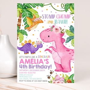 Invitación de cumpleaños de dinosaurio, linda invitación para fiesta de cumpleaños de dinosaurio, T-Rex, animales de la jungla, pisotón salvaje, mordida, rugido, jurásico, prehistórico, editable, BT16P