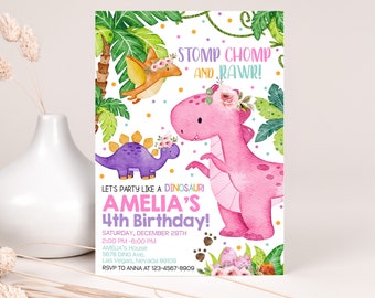 Dinosaur Birthday Invitation Girl 1st First Birthday Party Invite Cute Dino Jungle Animals Wild Stomp Chomp Roar Prehistoric EDITABLE BT16P