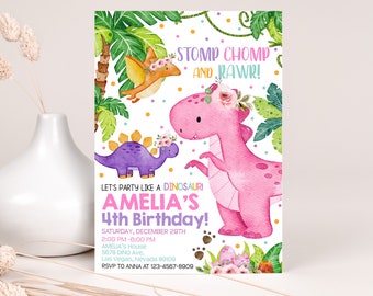 May include: A pink and purple dinosaur birthday party invitation with a jungle theme. The invitation features the text "Stomp Chomp and Rawr!" and "Let's party like a dinosaur! Amelia's 4th Birthday!" with details about the party date, time, and location.
