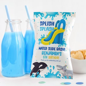 Waterslide Chip Beutel Label Junge Geburtstag Party Dekor Blau Wasserrutsche Sommer Pool Party Snack Leckereien Tasche Splish Splash Bash Printable BT77B