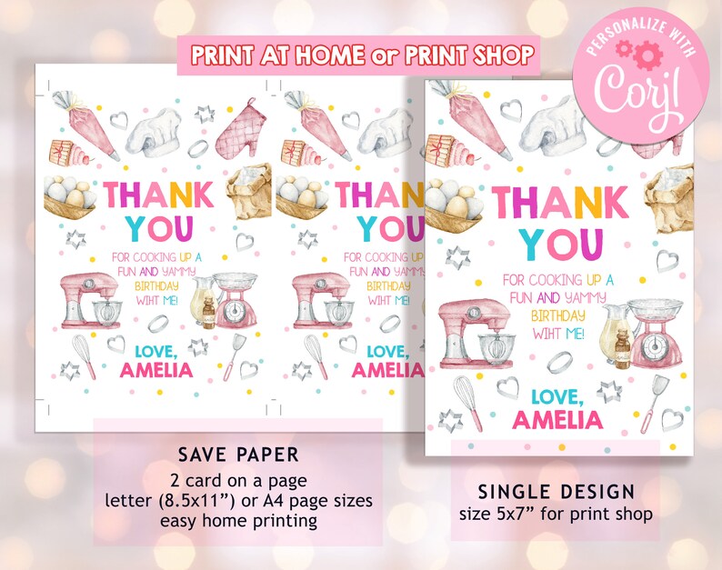 Baking Birthday Thank You Card Girl Chef Pink Cooking Party Thank You ...